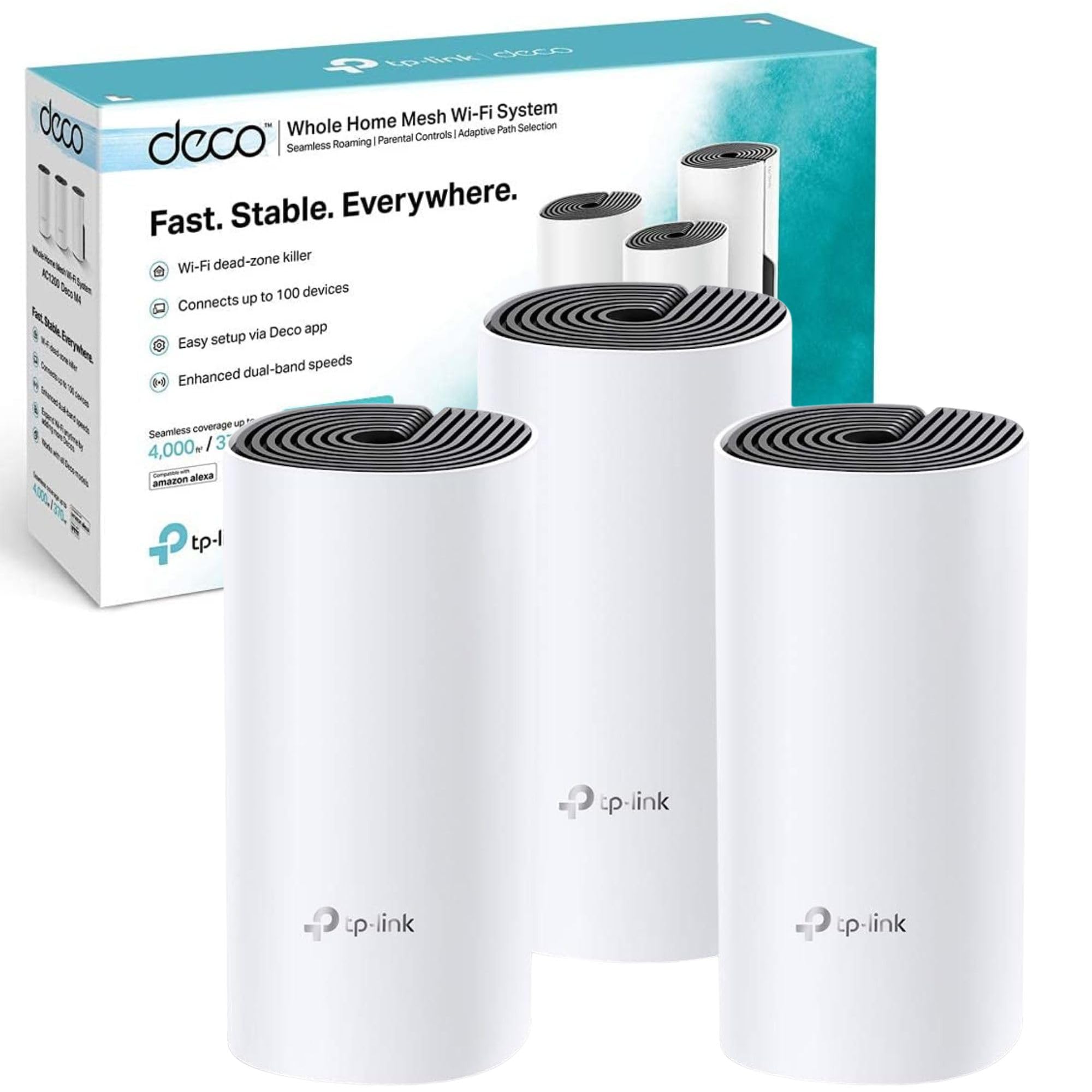 TP-Link Deco M4(3-pack) AC1200Mbps Whole Home Mesh WiFi System, up to 4000 sq ft Coverage, Qualcomm CPU, Dual-Band WiFi Booster with Gigabit Ports, Compatible with Amazon Echo/Alexa, Parent Control