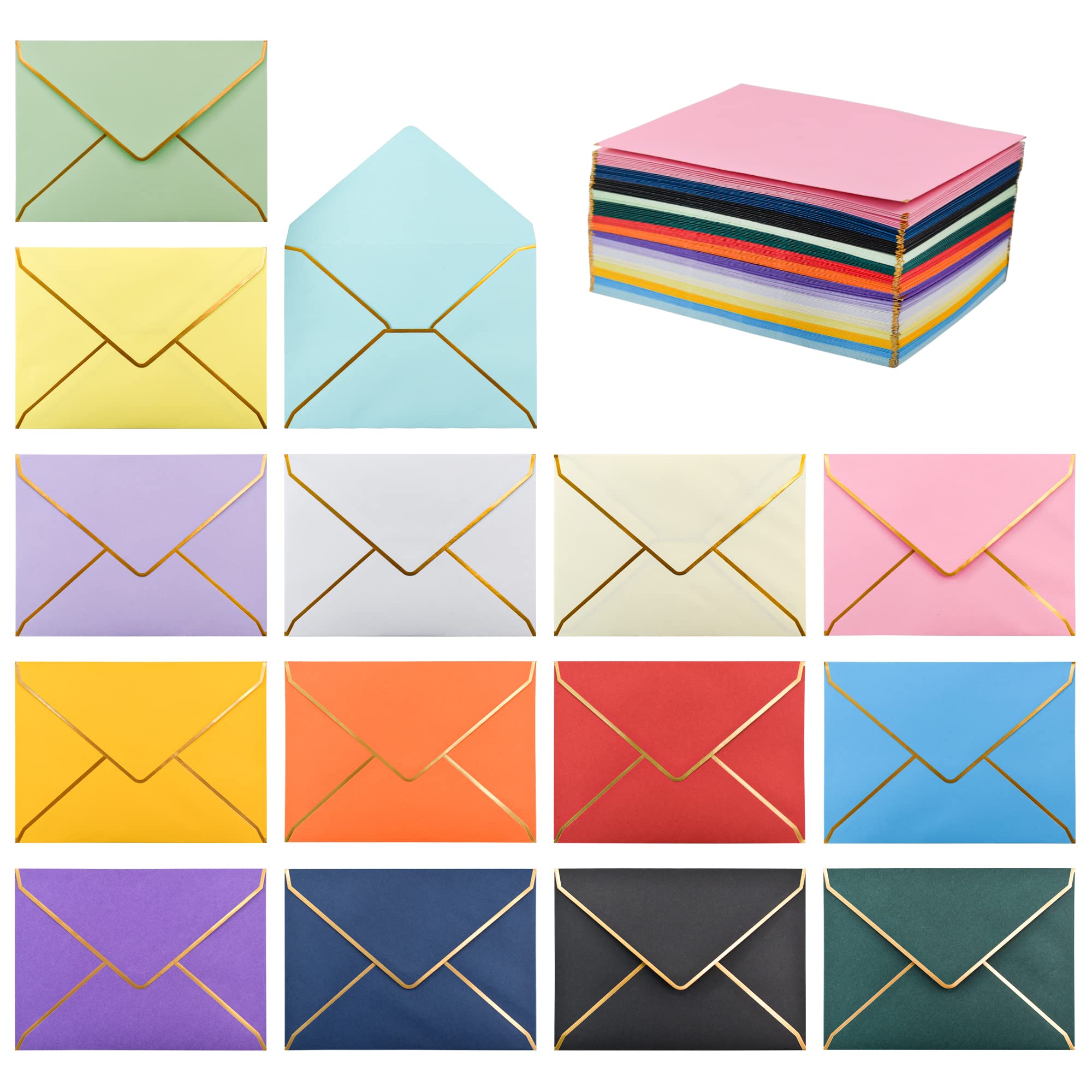 VANRA 150 PCS Colorful Invitation Envelopes Self Seal A7 Envelopes V Flap with Gold Border for 5x7 Greeting Cards, Wedding Invitations, Graduation, Photos (15 Assorted Colors, A7)