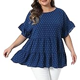 Agnes Orinda Plus Size Summer Tops for Women Crew Neck Ruffle Short Sleeve Tiered Swiss Dots Blouses