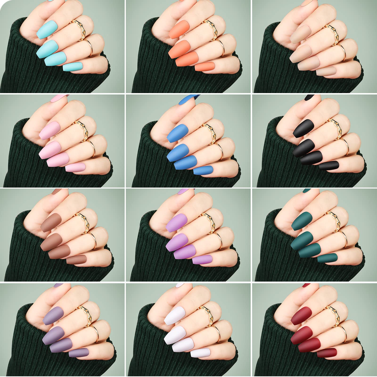 Teenitor 24 Pack 576 PCS Press On Nails Medium Length Coffin Glue On Nails, Coffin Shape Press On Nails Set, 12 Colors Coffin Matte Press On Nails, 12 Colors Glossy Press On Coffin Nail - Image 8