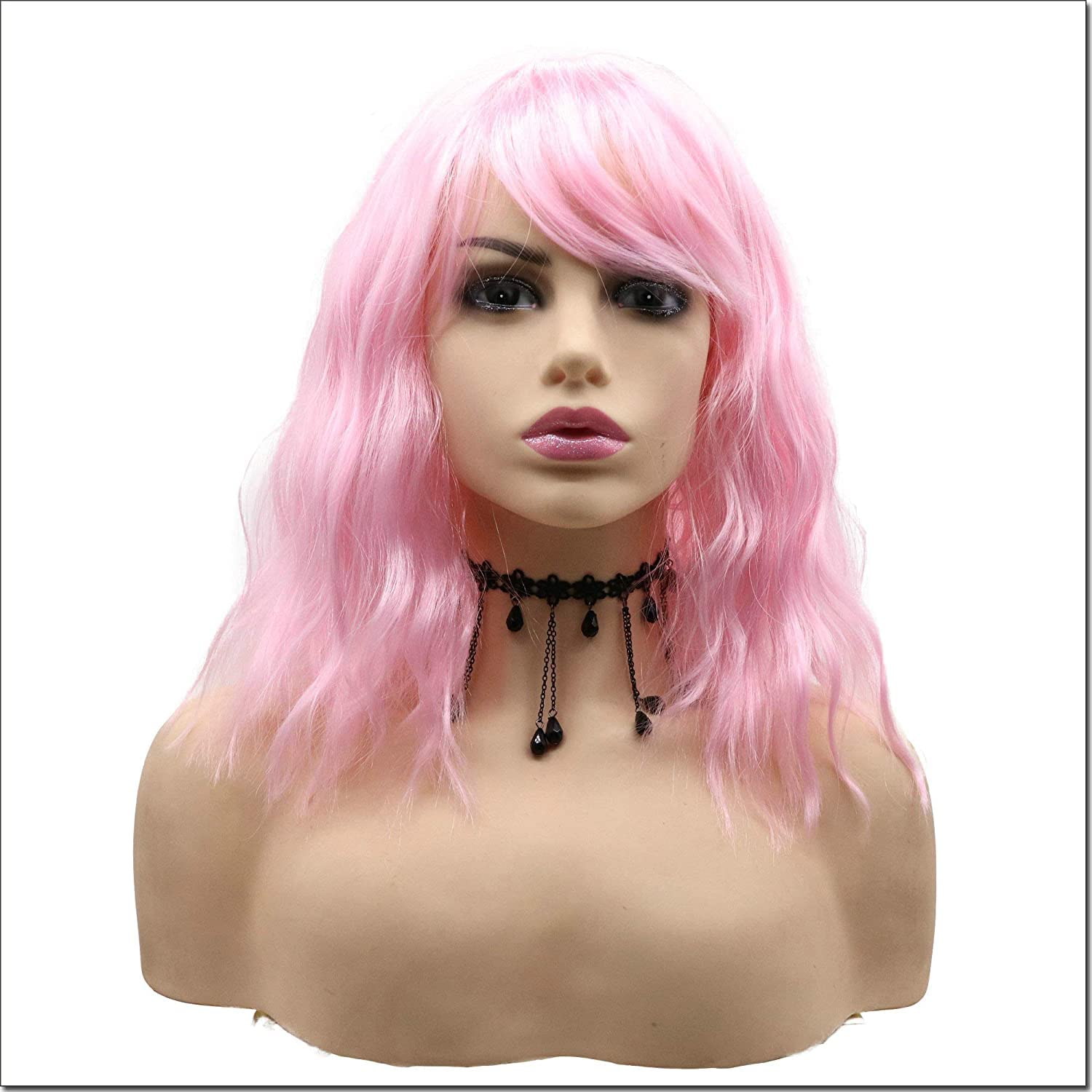 RainaHair 14inch Pastel Pink Wavy Wig With Air Bangs Women's Short Bob Baby Pink Wig Curly Wavy Shoulder Length Synthetic Cosplay Wigs …