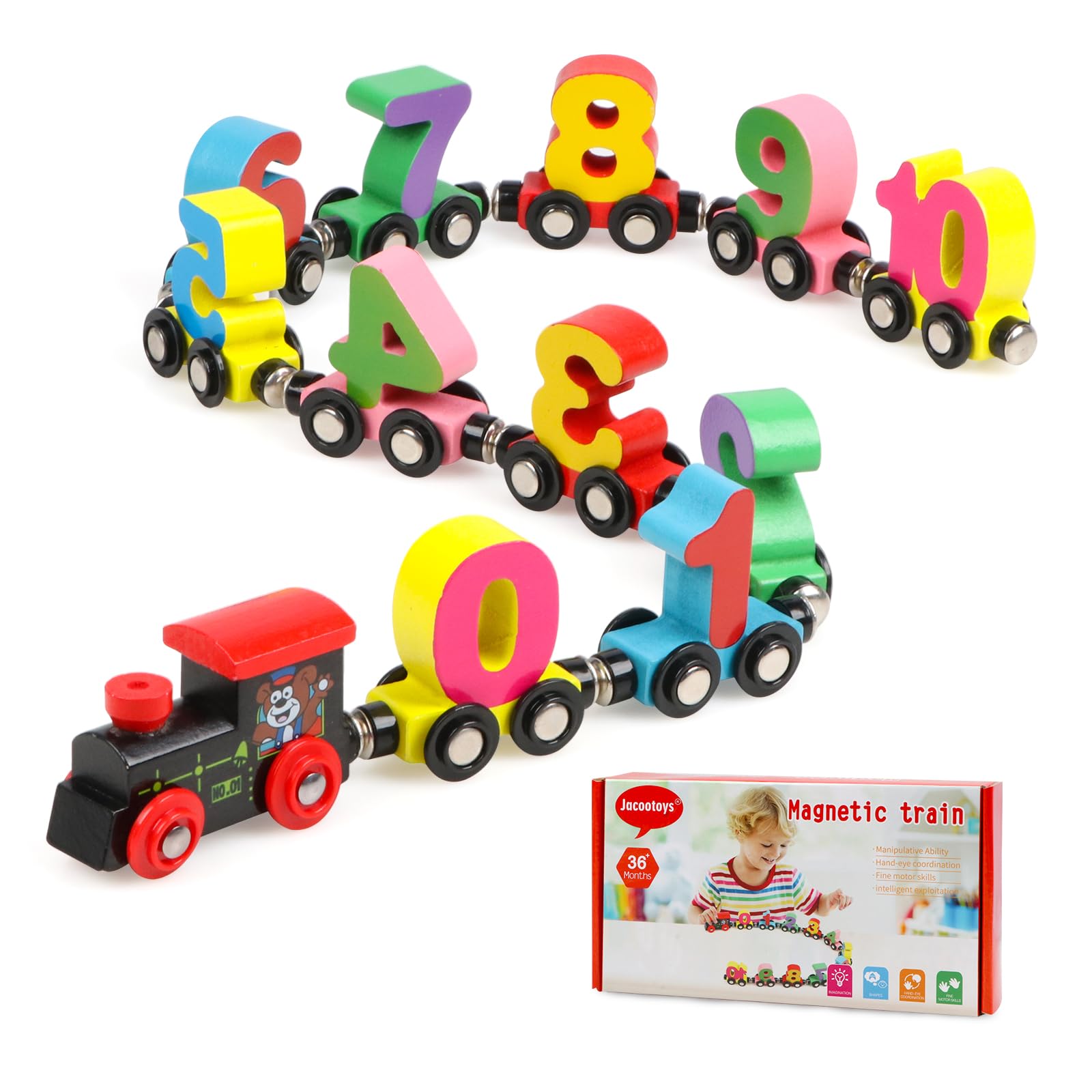 Jacootoys 12PCS Wooden Magnet Number Train Set for Kids,Cars with Numbers for Toddlers for 3-5,Montessori Toys for Boys Girls Gifts