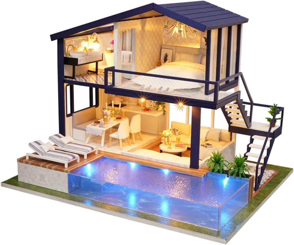 HangboughtEU Wooden DIY Dollhouse Mini Handmade Kit Doll House Miniature LED Light Cabin Fairy Tale Home Decoration House Girls Kids (14#)