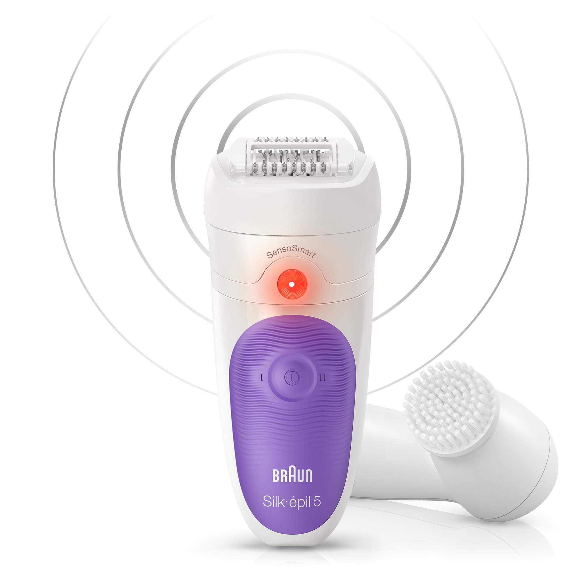 Braun Silk-épil 5 SensoSmart Epilator Starter Kit for Hair Removal, Includes Facial Cleansing Brush, 1 Refill & Pouch, Wet & Dry, 100% Waterproof, UK 2 Pin Plug, 5-870 , White/Purple