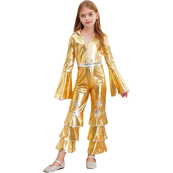 Justaucorps à Paillettes Pour Fille - Costume Disco Années 70/80 - Pour Danse, Halloween, Carnaval - Taille 5-6 Ans à 15-16 Ans