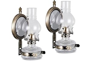 DNRVK 2 Pack Rustic Large Wall Oil Lamp Vintage Glass Kerosene Lamp Antique Wall Mounted Oil Lamps for Indoor Use Emergency Lighting Decor Hurricane Lamp with Mirror Chamber Oil Lantern