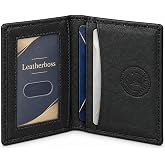 Leatherboss Genuine Leather Small Slim Bifold Wallet | Credit, Debit, ID Card Holder | Compact &amp; Stylish with Clear ID Windows | Gift for Men, Black