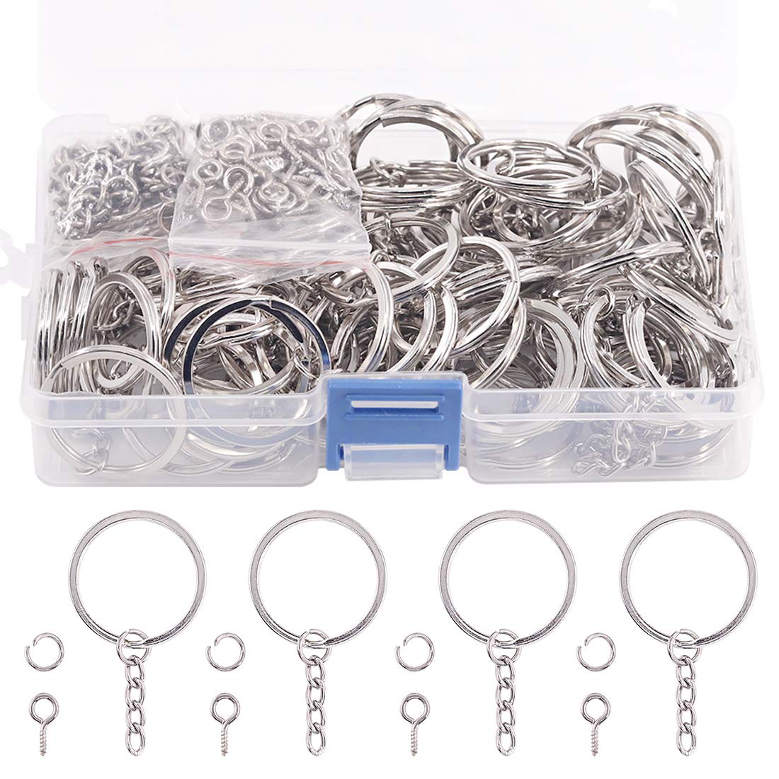 Swpeet 300Pcs 6/5 Inch 30mm Sliver Flat Key Chain Rings Kit, Including 100Pcs Split Keychain Rings with Chain and 100Pcs Jump Ring with 100Pcs Screw Eye Pins Bulk for Jewelry Findings Making
