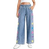 Haloumoning Girls Butterfly Print Jeans Kids Elastic Waist Wide Leg Denim Baggy Pants with Pockets 5-14Y
