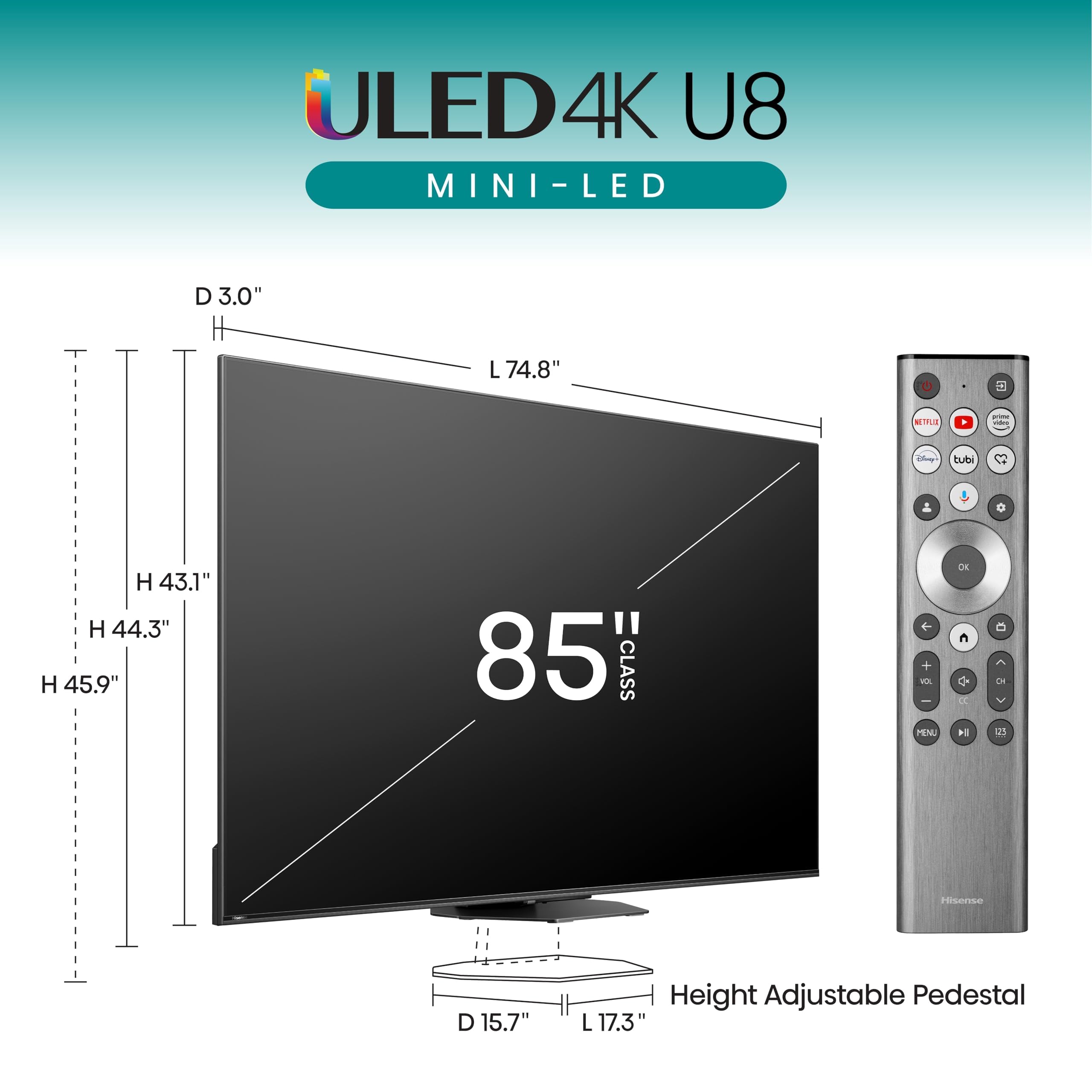 Hisense 85-Inch Class U8 Series Mini-LED ULED 4K UHD Google Smart TV (85U8N) - QLED, Dolby Vision IQ, Dolby Atmos, Full Array Local Dimming Pro, 144Hz Game Mode Pro, Alexa Compatibility