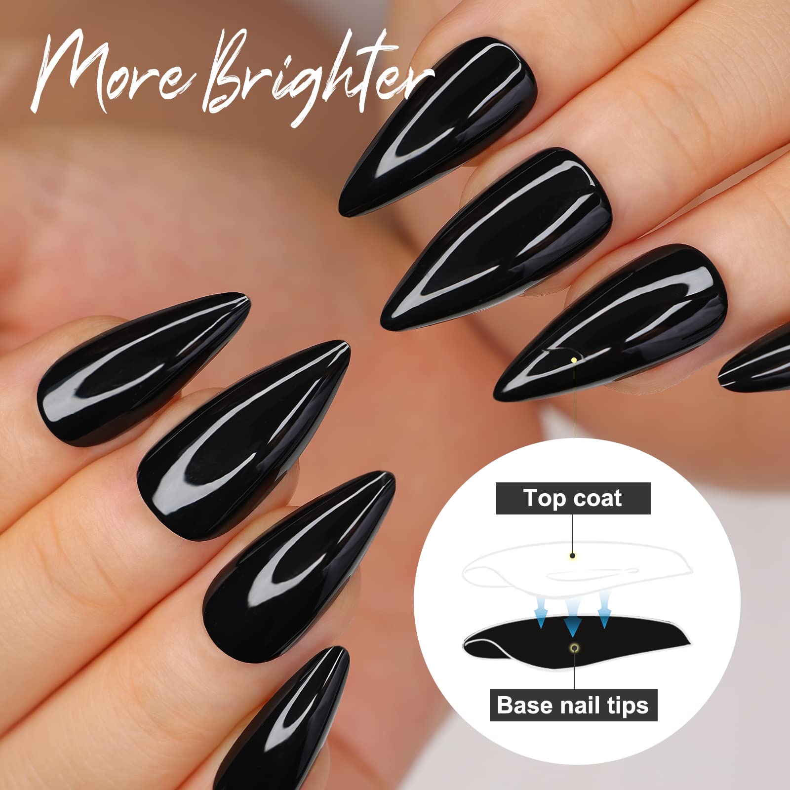morily 24Pcs Black Press on Nails Stiletto Fake Nails Medium Length Almond False Nails Tips Long Acrylic Glossy Stick on Nail Solid Color Full Cover Fingernails Manicure for Women (Black) - Image 2