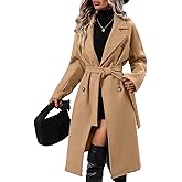 Sexyshine Women's Winter Double Breasted Trench Coat Notch Lapel Long Wool Pea Coat A Line Warm Overcoat with Belt