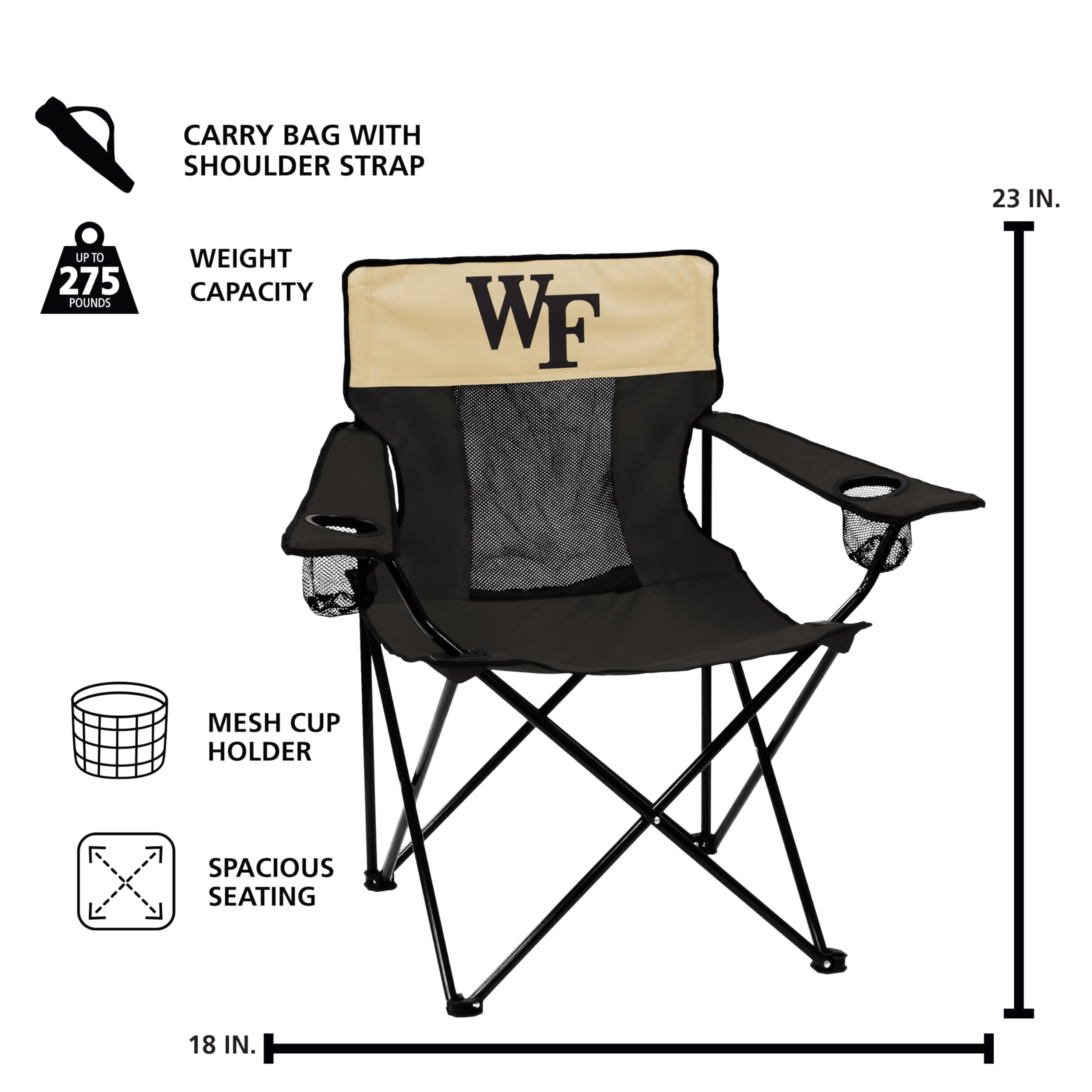 Logo Brands NCAA Wake Forest Demon Deacons Elite Portable Chair - Premium Outdoor Chair with Cup Holder, Powder-Coated Steel Frame, Lightweight and Portable for Tailgating,and Sporting Events