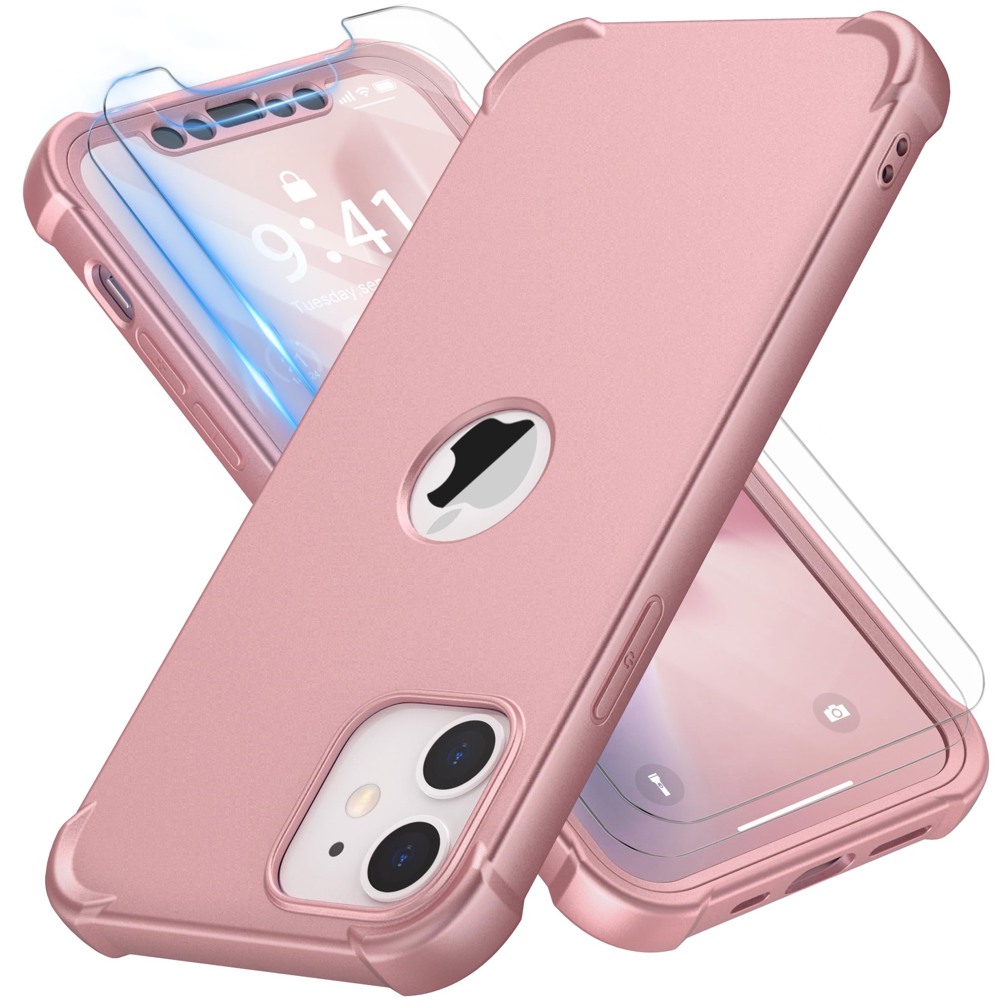 ORETECH for iPhone 12 Case, iPhone 12 Pro Case, with [2 x Tempered Glass Screen Protector] Heavy Duty Protection Silm Hard PC Silicone Rubber Bumper Cover - Rosegold — image 1