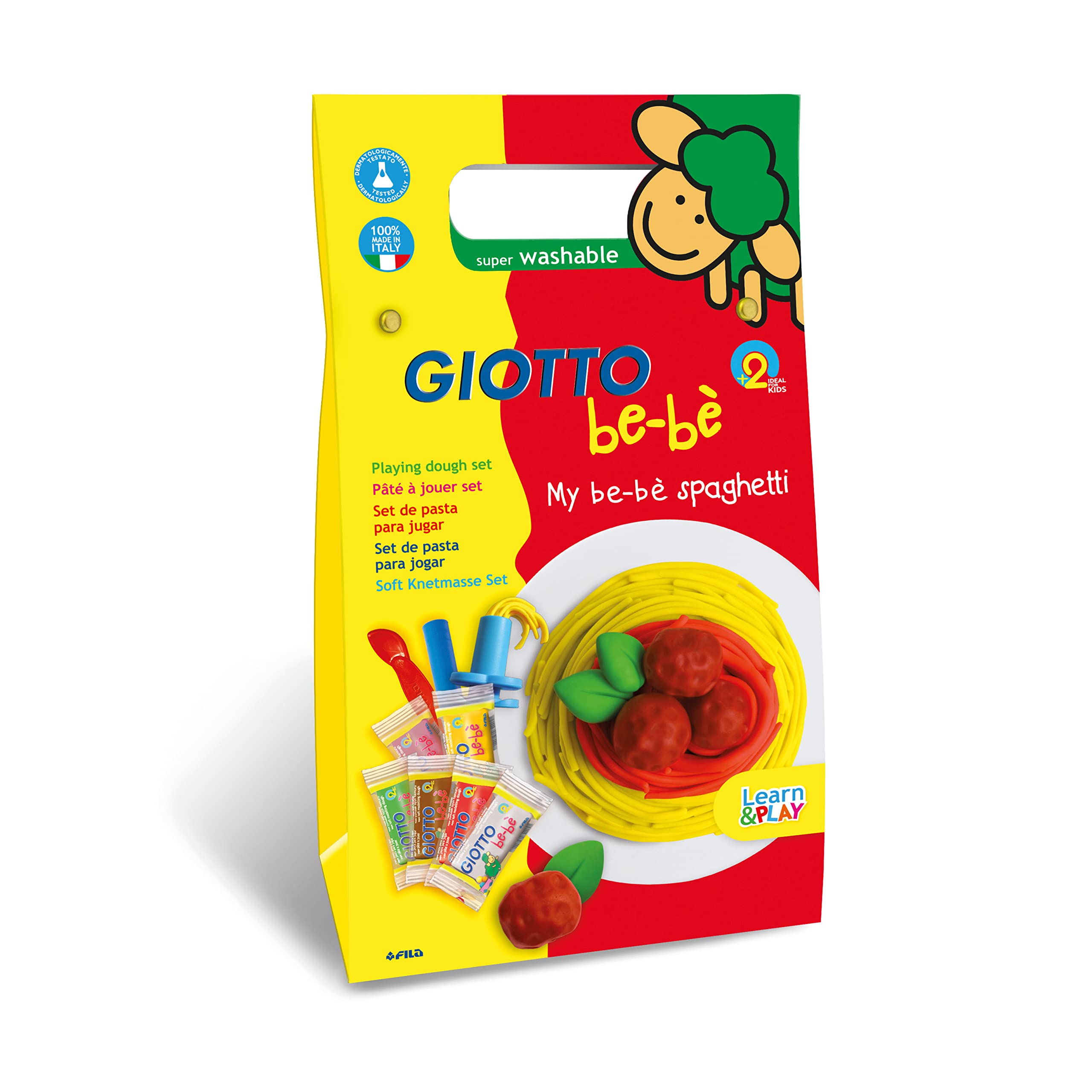 GIOTTO be-bè Kids Spaghetti Modelling Dough Set, 6 Dough Rolls, Assorted Colours, Children Play Pasta Making Tools, For Home and Schools