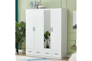 Sophshelter 4 Door Mirror Armoire Wardrobe Closet: 4 Drawers Wooden Cabinet Closet Wardrobe with Mirror and Hanging Rod High Storage Capacity for White Closet Cabinet 63" L x 20.3" W x 72.7" H