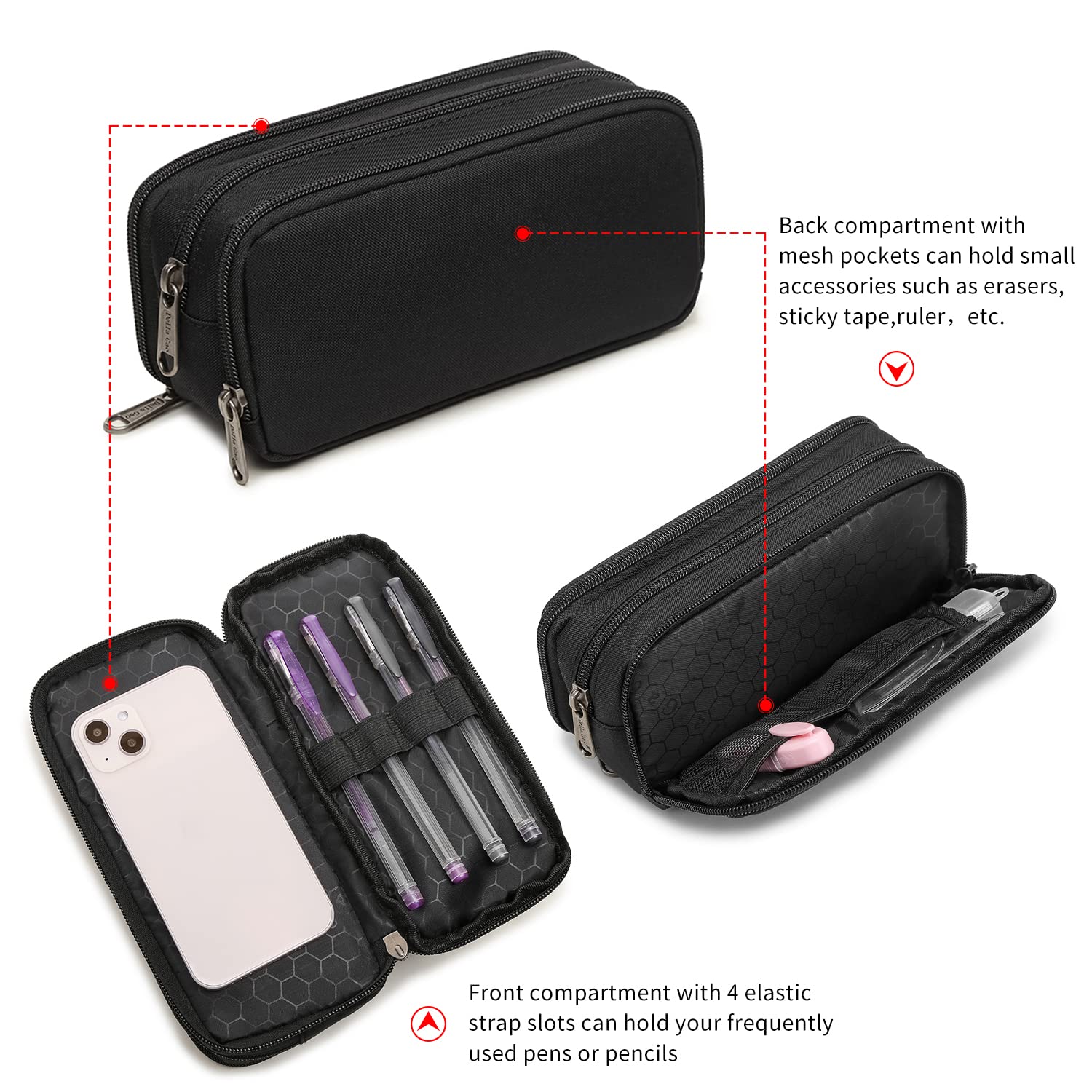 Della Gao Large Capacity Pencil Case, Aesthetic Pencil Pouch with 3 Compartments Nylon Storage Pen Bag Office Stationery Organizer for Women and Men- Black