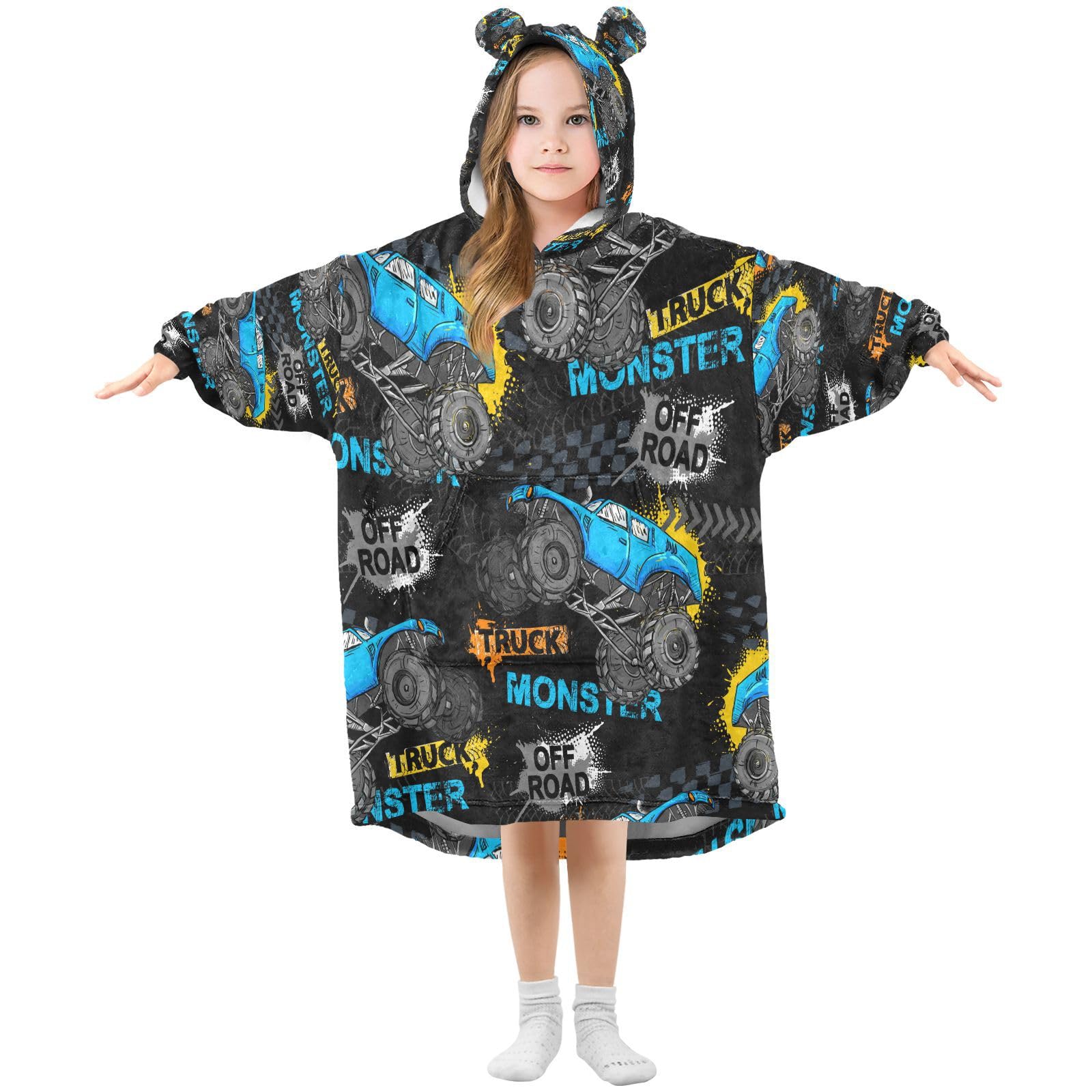 Kids Oversized Blanket Hoodie, Truck Monster Warm Fleece Sweatshirt Plush Wearable, Front Roomy Pocket, Cute Ear Cap, S