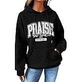 MYHALF Praise The Lord Hoodies for Women Christian Bible Verse Sweatshirt Casual Drawstring Waffle Pullover Tops with Pocket
