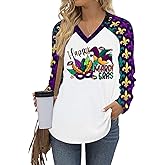 Mardi Gras Shirts for Women: Tuesday Shirt Funny Mask Graphic Tee Carnival Long Sleeve Shirt New Orleans Party V Neck Top