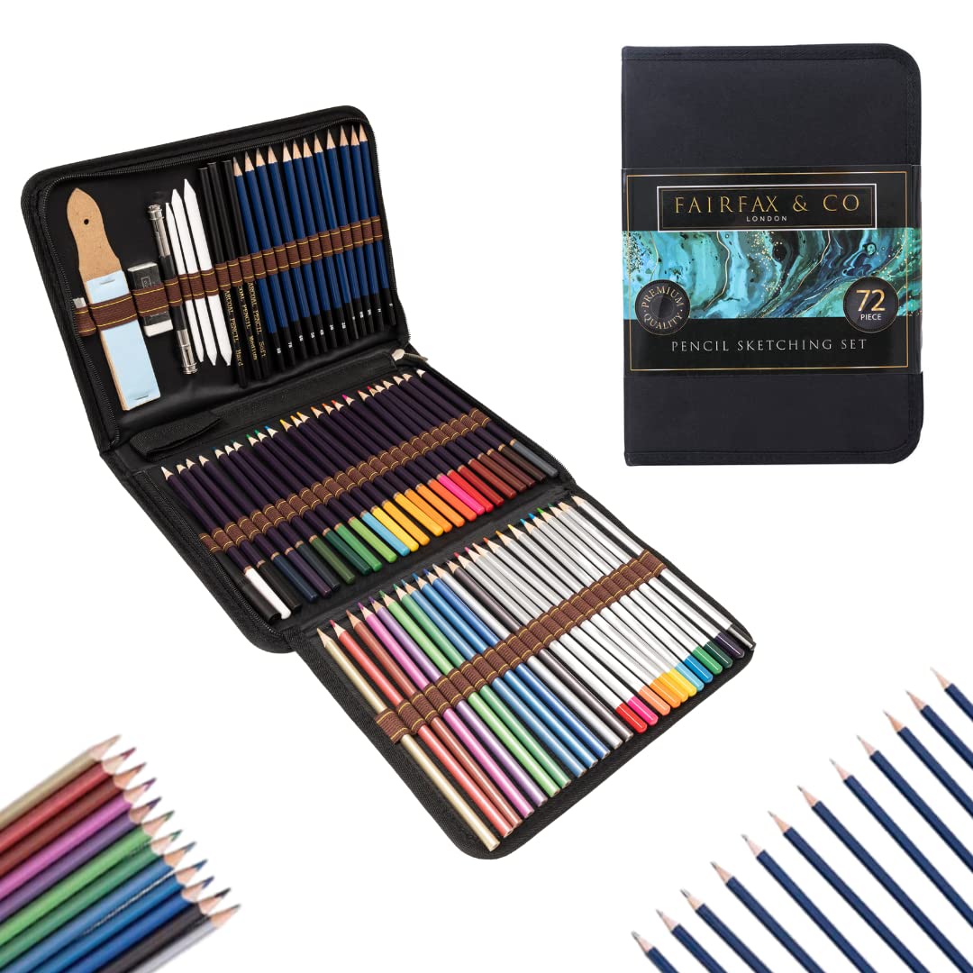 HTI Fairfax & Co 72-Piece Sketching & Drawing Pencil Set | Artist Kit with Shading, Colouring & Charcoal Pencils | Portable Art Supply Case for Kids, Adults & Beginners
