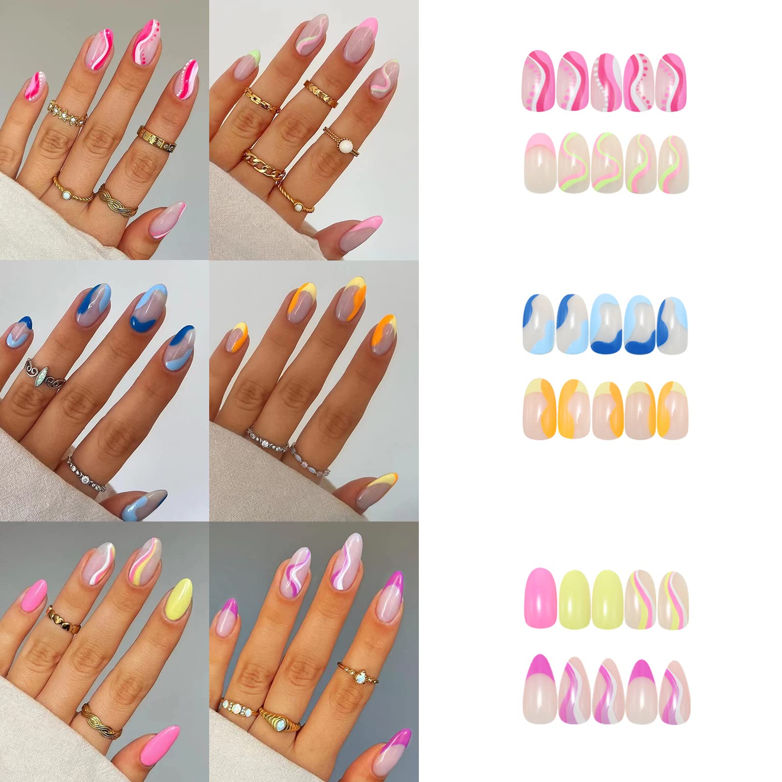 6 Packs (144 Pcs) Press on Nails Medium, Misssix Short Fake Nails Glue on Nails Almond Set with Adhesive Tabs Nail File for Women