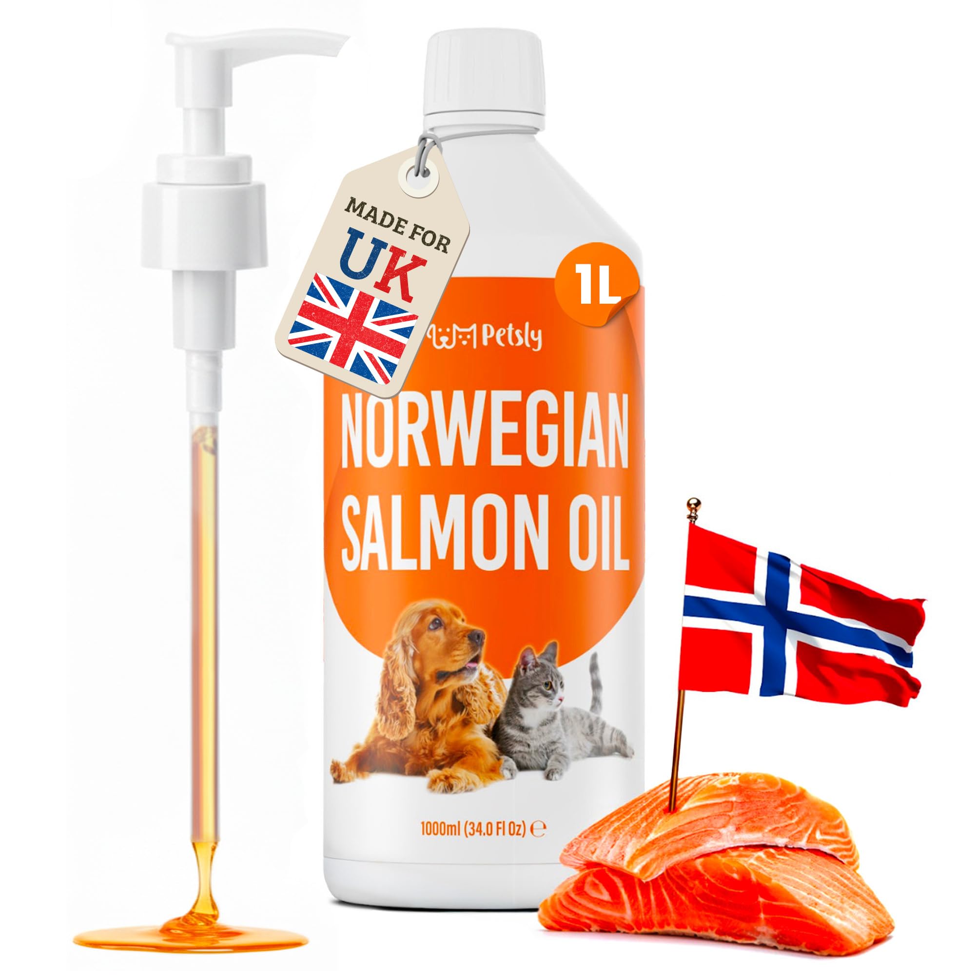 Petsly Norwegian Salmon Oil for Dogs, Cats & Horses - 1000ml - Omega 3 Fish Oil - Healthy Skin, Shiny Coat & Joints - Helps with Itchy Dry Skin & Shedding - Appetite & Immune Support - Made in Germany