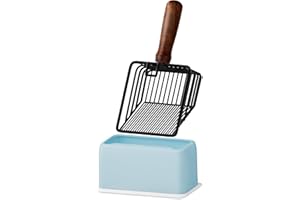Morrean Cat Litter Scoop with Holder, Metal Cat Litter Scooper, Stainless Steel Heavy Duty Deep Shovel, Fast Fine Scoop Away Cat Litter - Black with Blue Holder