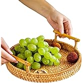 Round Rattan Tray, 8.66in Wicker Woven Bread Basket with Handles Rattan Serving Tray for Coffee Table Fruits, Vegetables(S)
