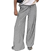 Trendy Queen Womens Striped Ribbed Wide Leg Pants Casual Drawstring Elastic Waist Baggy Sweatpants with Pockets