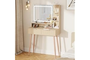IKALIFE Fluted Makeup Vanity Desk with Mirror and Lights, 3 Color Modes & Adjustable Brightness Dressing Table, Small Vanity Table Set with 2 Drawers & Storage Shelves for Bedroom, Oak 31.5"