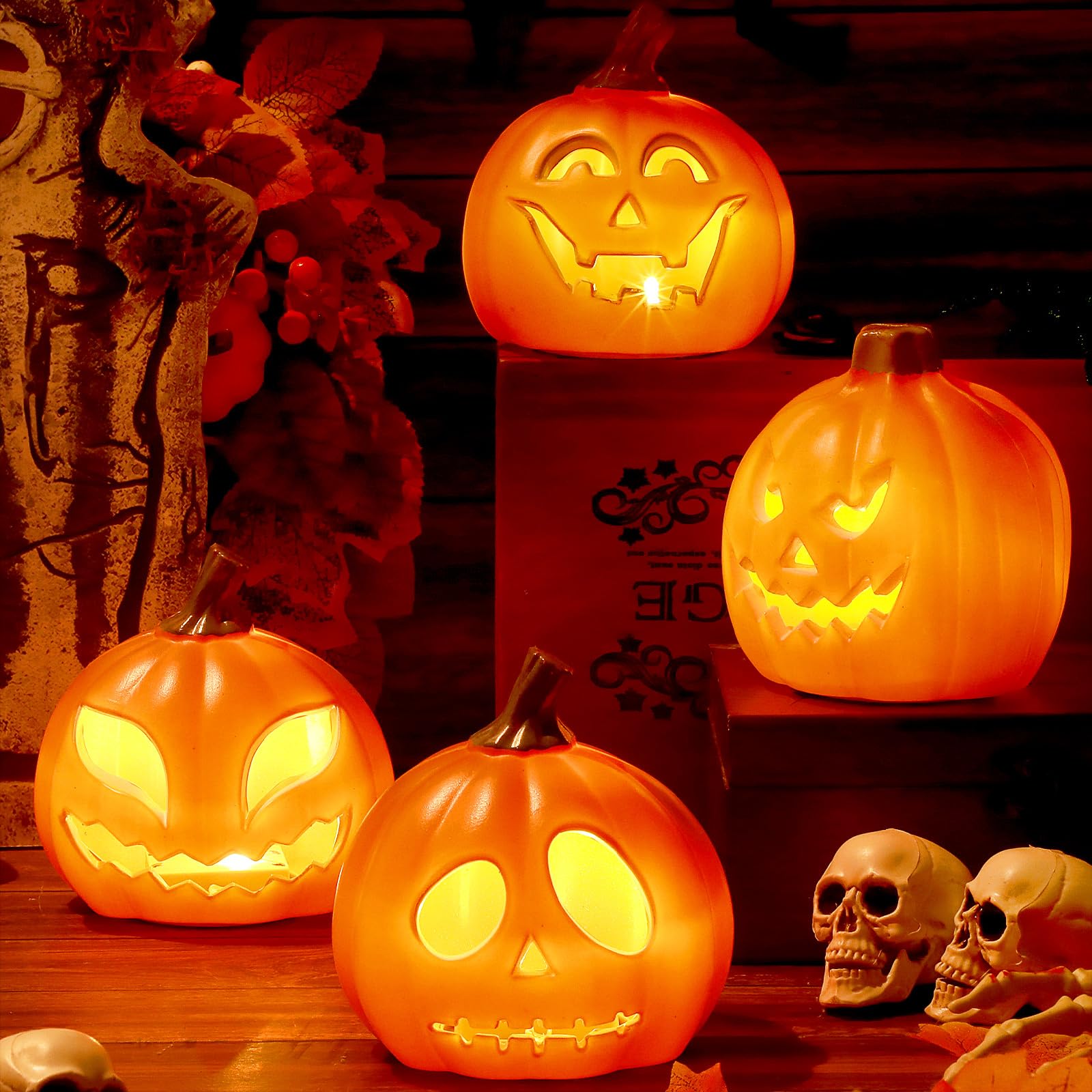 Photo 1 of Pinkunn 4 Pcs Light up Mini Jack O Lantern Halloween Pumpkin Lantern 5.25 Inch Pumpkins for Decorating Pumpkin Props with LED Lights for Desk Table Decor Garden Indoor Outdoor Decorations (Ugly Face)