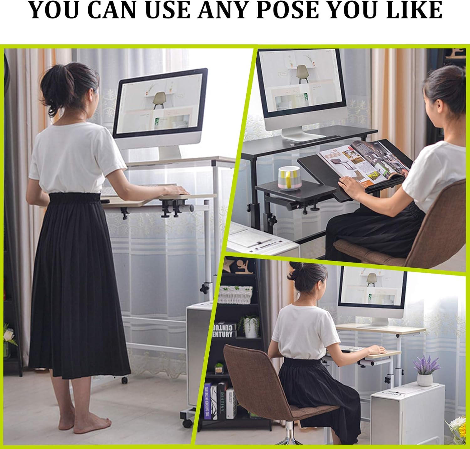 Panghuhu88 Mobile Standing Desk Adjustable Height Stand Up Desk Mobile Rolling Desk Height Adjustable Computer Desk for Home Office (White): Kitchen & Dining