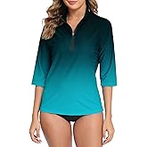 Halcurt Women's 3/4 Sleeve Rash Guard Swimsuit Top High Neck Half Zip Swim Shirt Only UPF50+ Quick Dry Bathing Suit