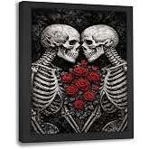 Framed Gothic Skeleton Wall Art Romantic Skull Rose Canvas Print Pictures Painting Dark Academia Couple Artwork Decoration for Bedroom Living Room Bathroom Office Decor Gifts 8