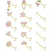 BSJ4U Nose Rings Corkscrew for Women Nose Piercings 20G Surgical Stainless Steel Gold Plated Nose Studs Pink Red CZ Heart Butterfly Flower Cherry Bow Moon Dangle Nose Piercing Jewelry