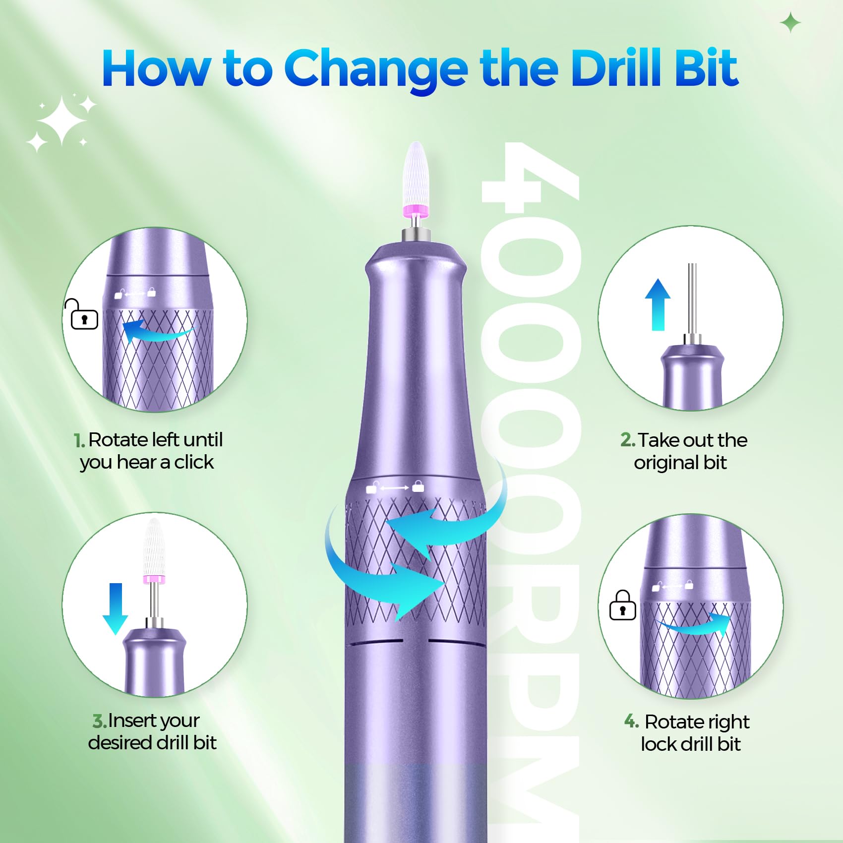 Nail Drill Electric File: DEDNMSCA Sparkly Professional Nail Drill Kit, 40000RPM E-File Machine with 12 Drill Bits for Acrylic Nails Remove Nail Gel Polish Manicure for Salon Home, Crystal Diamond - Image 3