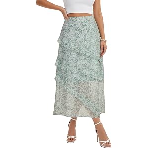 Vrtige Women's Floral Print Tiered Ruffle Flowy A Line Beach Vacation Long Skirts