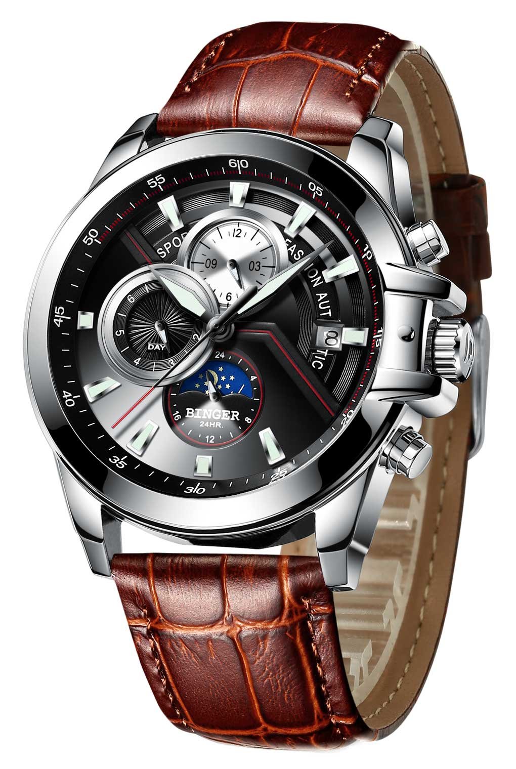 B BINGERMen's Automatic Watch Unisex Skeleton Mechanical Neutral Rock Crystal Wristwatch