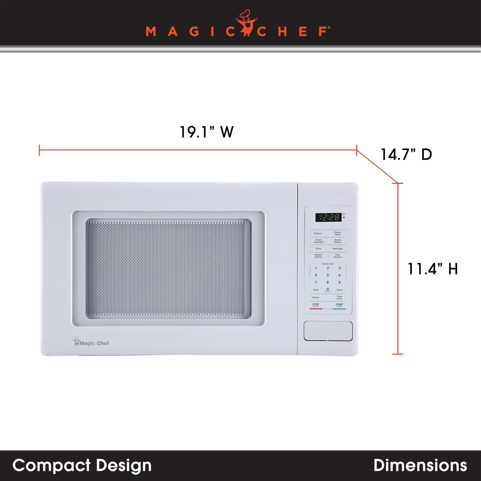 Magic Chef 0.9 Cubic Feet 900 Watt Small Stainless Countertop Microwave Oven for Compact Spaces w/ 6 Pre Programmed Cooking Modes, White