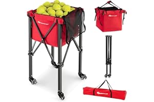 Goplus Foldable Tennis Ball Hopper, Lightweight Aluminum Tennis Ball Basket with Wheels, Removable Bag, Side Pockets, Carry Bag, Portable Sports Teaching Cart Holds 150 Tennis Balls