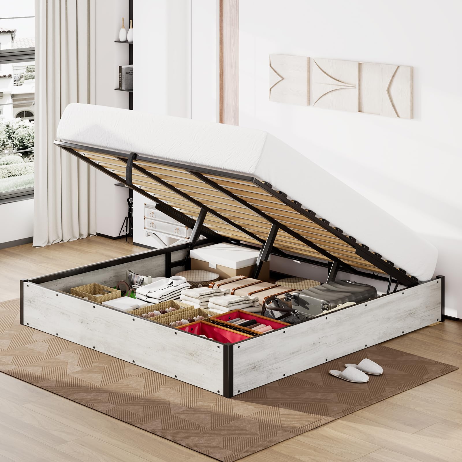 Photo 1 of ***MINOR DAMAGE***LUXOAK Full Size Lift Up Storage Platform Bed Frame, Metal Bed Frame with Wooden Slats Support, No Box Spring Needed, Large Storage Space, Noise Free, Easy Assembly, White Birch