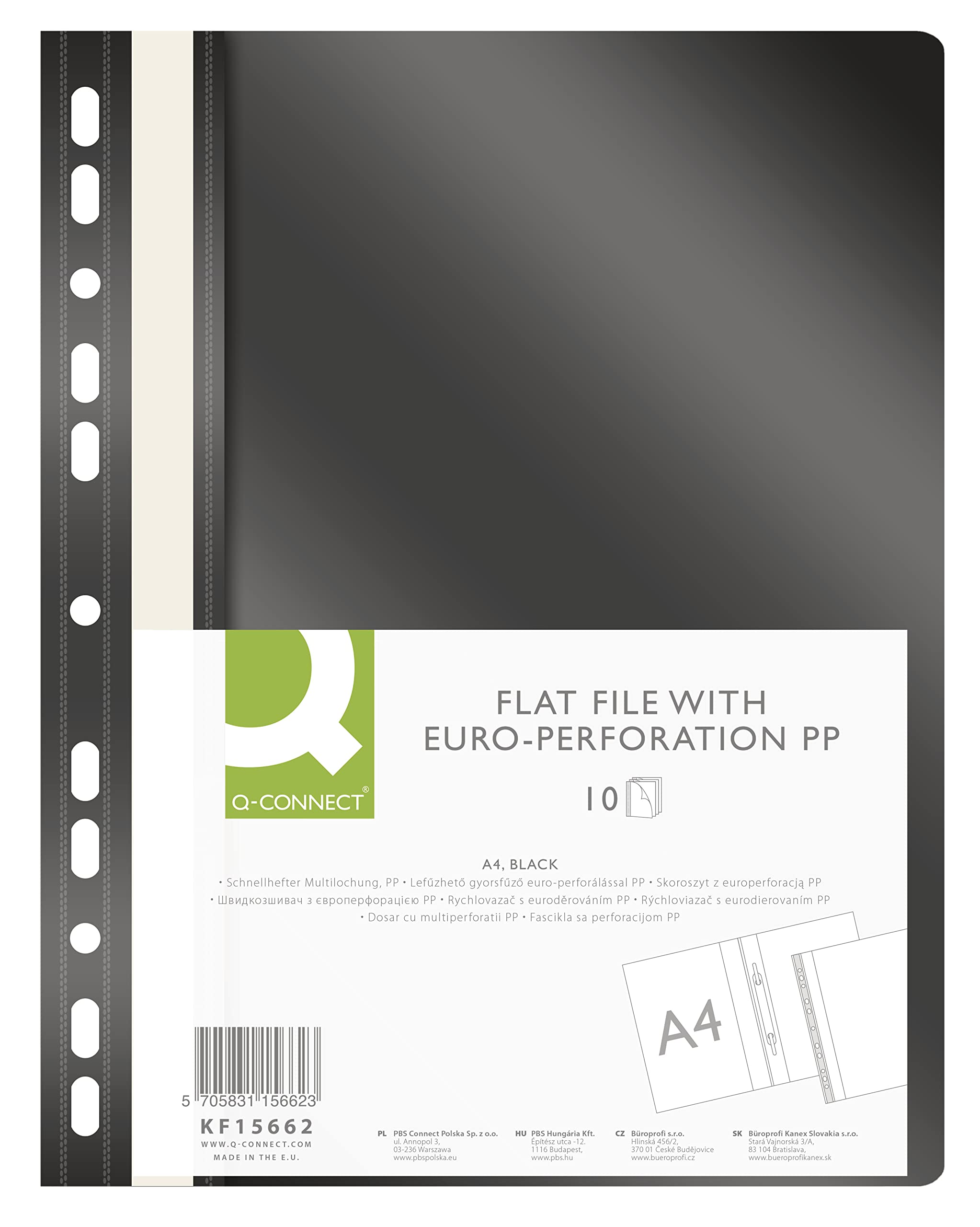 Q-CONNECT KF15662 Plastic File Folder A4 Black/Pack of 10 / Plastic Folders/Perforated Staplers with Labelling Strips/with Transparent Cover/with Perforated Holes/Euro Holes