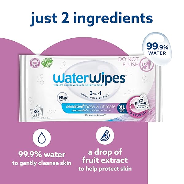 WATERWIPES SENSITIVE+ BODY & INTIMATE WIPES, 3-IN-1 CLEANS, CARES, PROTECTS, 99.9% WATER, UNSCENTED & HYPOALLERGENIC HYGIENE WET WIPES, ADULT CARE,180 WIPES (6 PACKS)