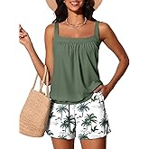 Summer Mae Blouson Womens Tankini Swimsuits 2026 Modest Tummy Control Bathing Suits Swim Shorts with Pockets for Beach