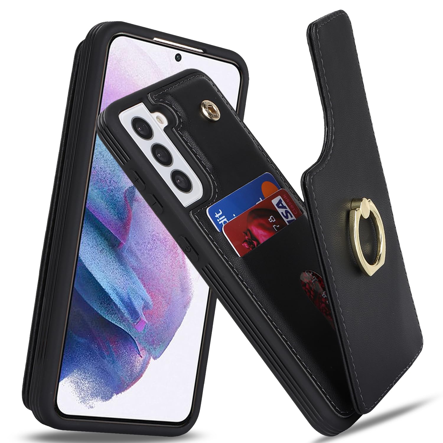 Lipvina for Samsung Galaxy S21 5G Case with Card Holder,Galaxy S21 5G Case Wallet for Women,Credit Card Holder,Ring Stand,Phone Wallet Cases 6.2"(Black)