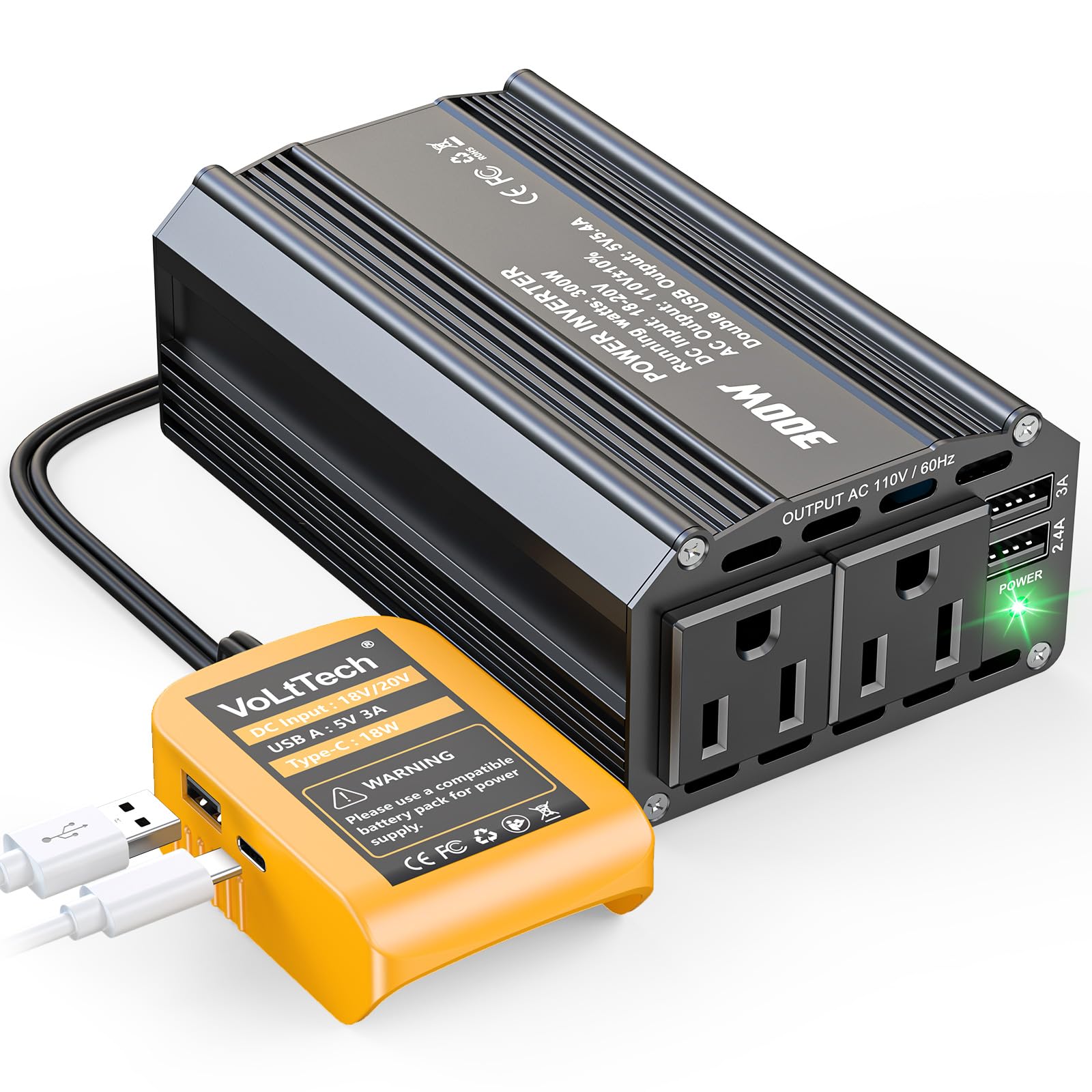 Photo 1 of 300W Power Inverter 20V to 110V Compatible with Dewalt Battery: VoLtTech Battery Inverter DC Charger Adapter with 2 AC Outlet & 2 USB Ports for Car, Vehicles, Laptop, Computer, Phone, Fan