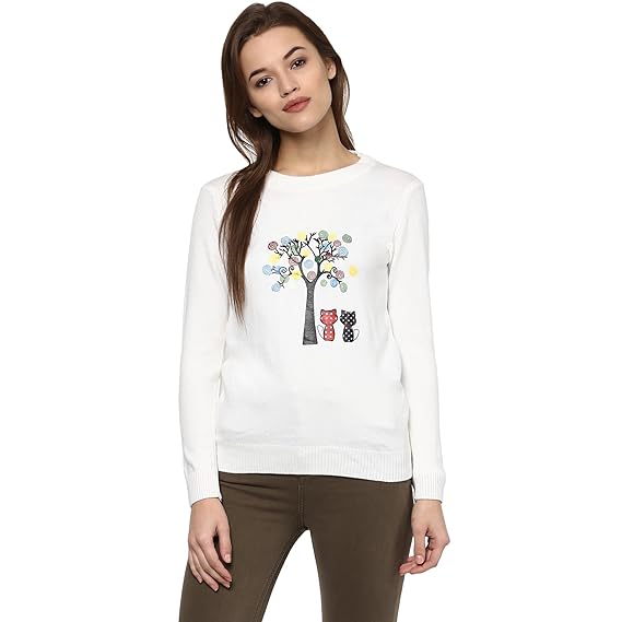 Women's Fashion Stretchy Round Neck White Long Sleeve Pullovers Sweaters Top