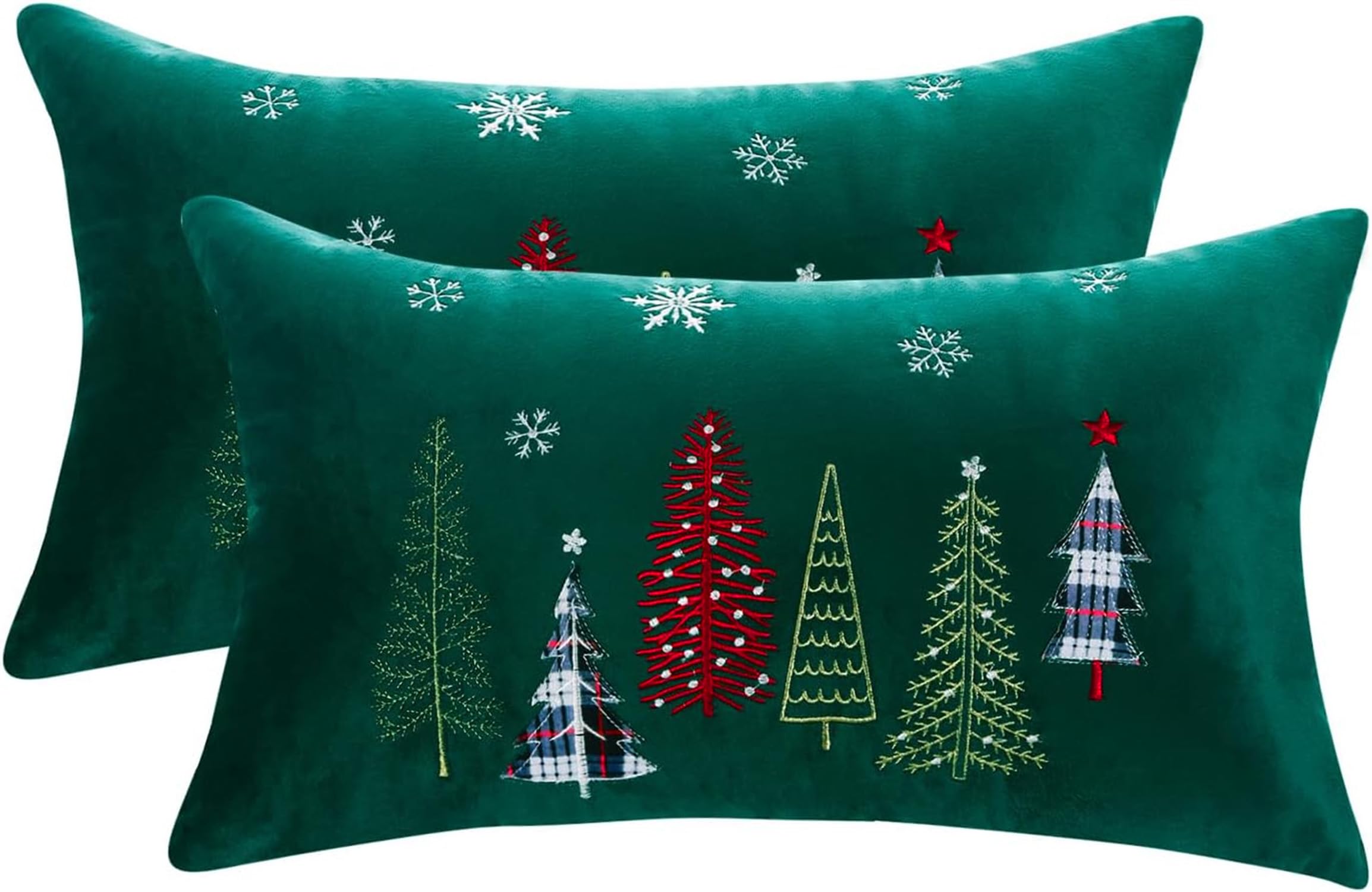 Tosleo Christmas Embroidery Throw Pillow Covers 12 x 20 inch Set of 2 Velvet Pillowcases Forest Green Christmas Trees Cushion Pillow Cases Soft Square Holiday Pillowcase — image 1