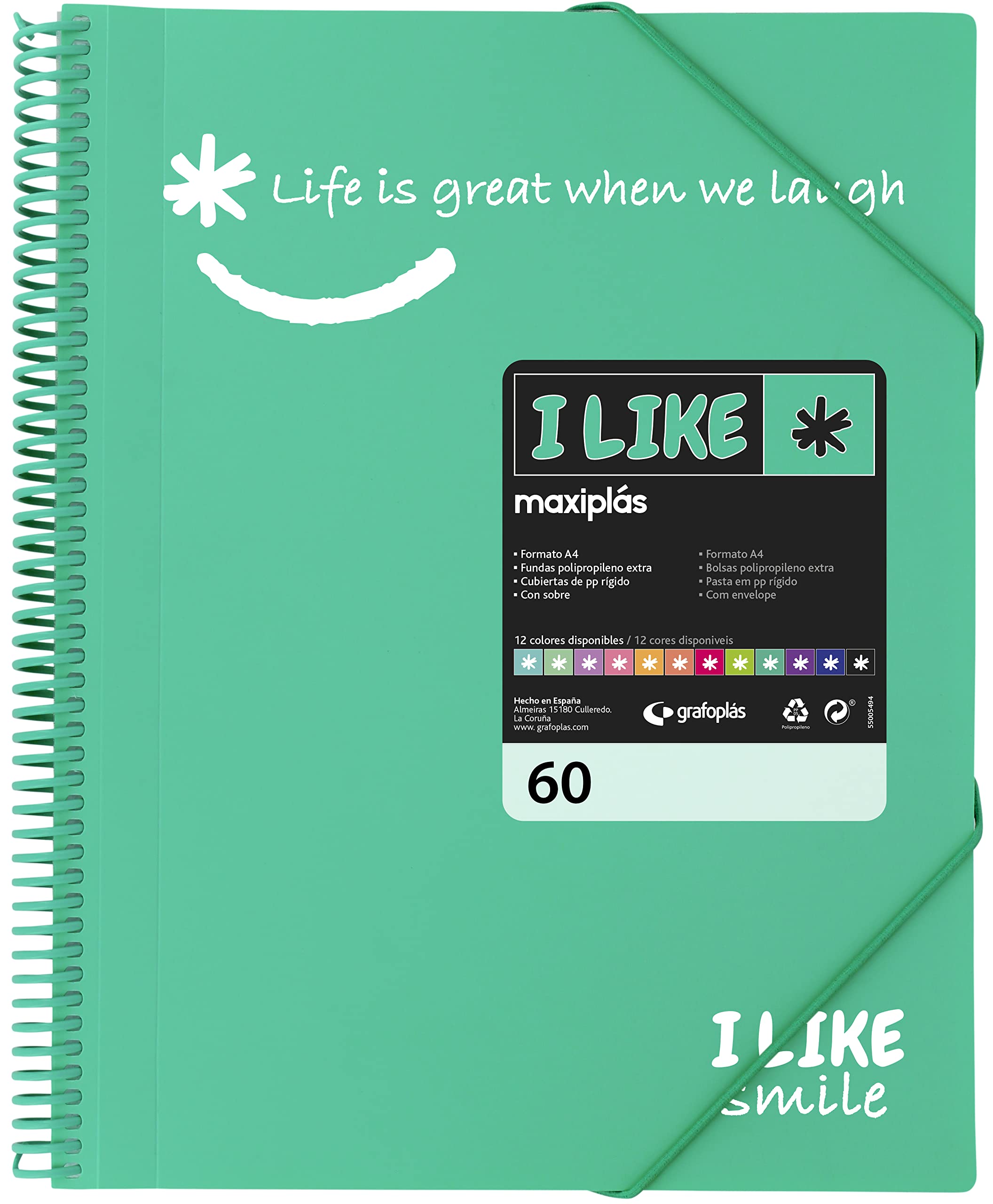 Grafoplás A4 Spiral Bound Wallet - Turquoise - 60 Pockets - I Like Smile - 39226036